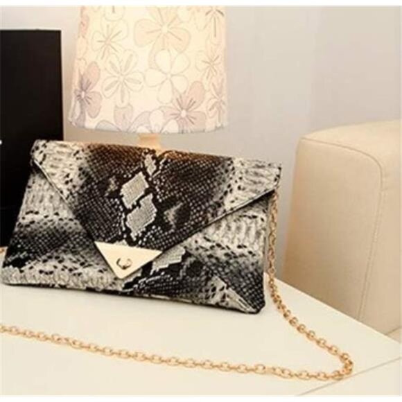Black Snakeskin Envelope Clutch Purse Evening Crossbody Bag Faux Leather - Picture 2 of 8